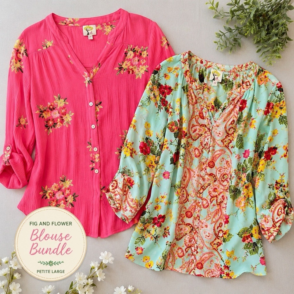 Fig and Flower Blouse‎ Bundle Petite Large PL Floral Boho Tops Pink Mint